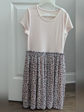 Tahari Girls Cream Ribbed Mixed Media Leopard Tulle Dress Size 8 EUC